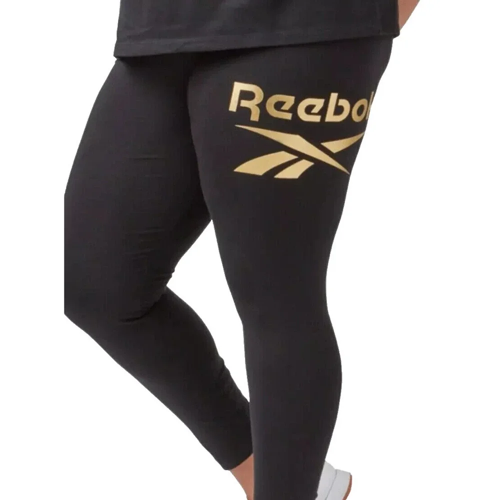 Reebok Womens Black Shine Full-Length Logo Tight Compression Leggings Size 2X - Picture 2 of 6